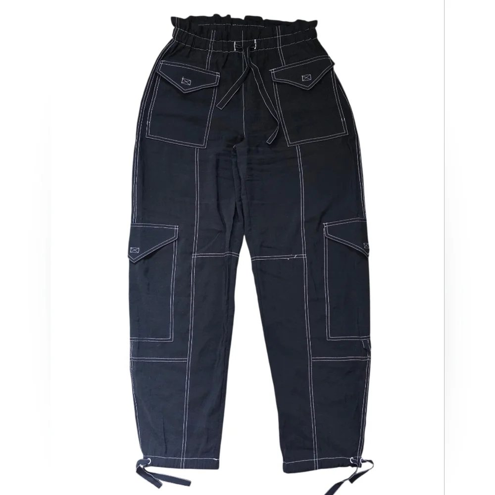 GANNI Wide Leg Cargo Pants Black with White Stitching Size 38 - Picture 3 of 11